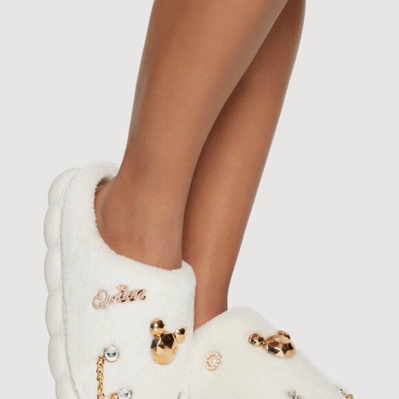 Platform Rhinestone Fuzzy Slide Slippers - - Picture 2 of 3